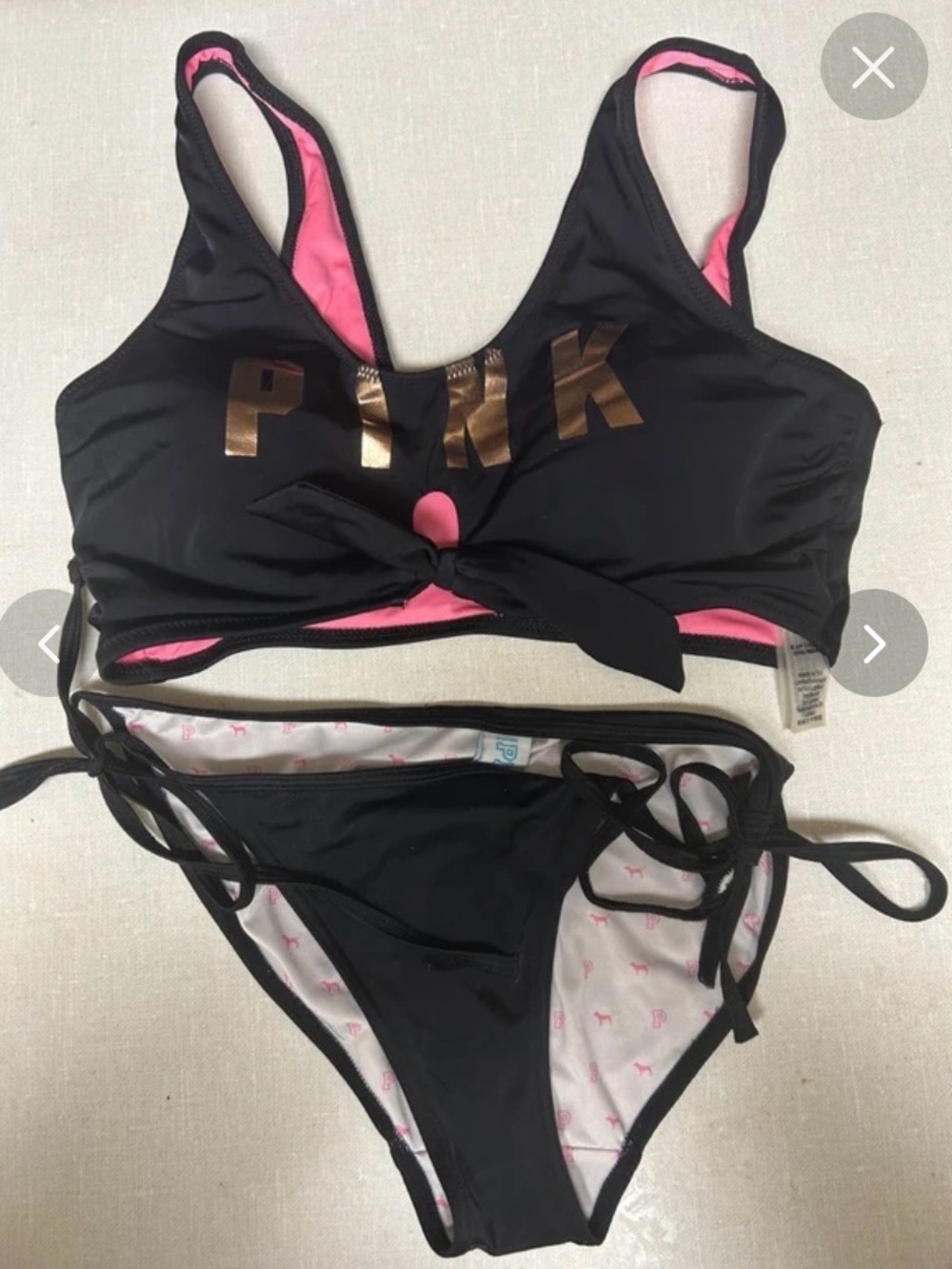 PINK Victoria's Secret Black Bikini with Pink Lining and Gold Logo